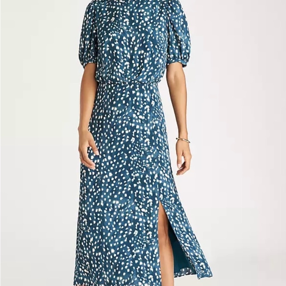 AT Blue Green Spotted Puff Sleeve Mock Neck Midi Flare Dress w/Slit Size 8